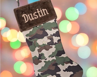 Personalized Camouflage Christmas Stocking,  Embroidered Deer Hunter Stocking