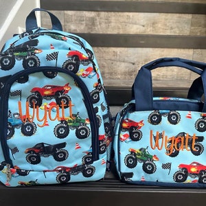NGIL Small OR Large Monster Truck Backpack, personalized monster truck lunchbox, personalized truck school bag, boys embroider backpack set