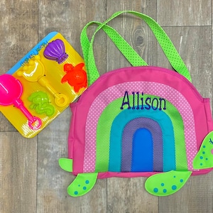 Personalized Beach Tote and Toys, rainbow turtle beach tote, embroidered beach tote, girls beach tote, personalize kids gift, sea shell bag