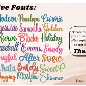 May include: A chart titled Cursive Fonts displaying twenty-four distinct script font styles in various colors. A text box on the right states: **Please request a preview if you are unsure, we do not offer replacements if you do not like the font** Thank you! Page 2 of 3 for fonts.