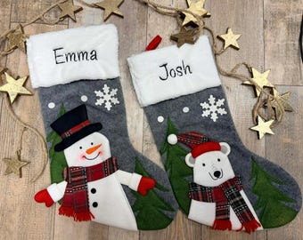 Personalize Embroidered Felt Applique Christmas Stockings White Fur Cuff Snowman Polar bear santa