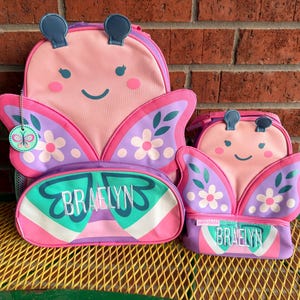 Personalize Stephen Joseph Butterfly sidekick backpack Lunchbox pencil pouch, Embroidered Girl Daycare book bag
