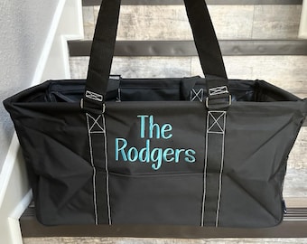 Personalized Embroidered Monogrammed Collapsible Black Gray Utility Tailgate Tote, game day tote, teacher gift, car utility tote