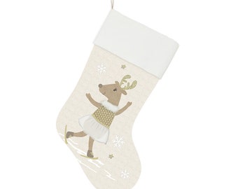 Skating Reindeer Christmas Stocking, Christmas Stocking, Embroider Christmas Stocking, Personalize Christmas Stocking. girl bunny stocking