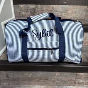 NAVY Monogrammed duffel bag, personalized seersucker kids overnight bag, kids travel bags, kids personalized gift, birthday present
