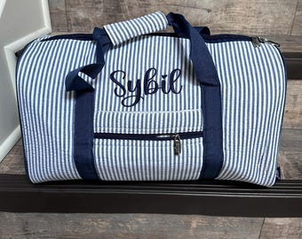 NAVY Monogrammed duffel bag, personalized seersucker kids overnight bag, kids travel bags, kids personalized gift, birthday present