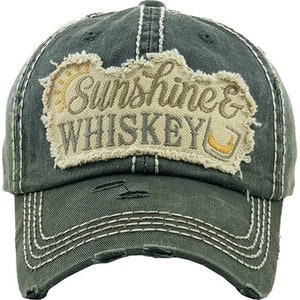 Distressed Black Sunshine and Whiskey Baseball hat, Distressed turquoise , coral, denim sunshine and whiskey cap