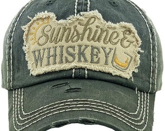 Distressed Black Sunshine and Whiskey Baseball hat, Distressed turquoise , coral, denim sunshine and whiskey cap