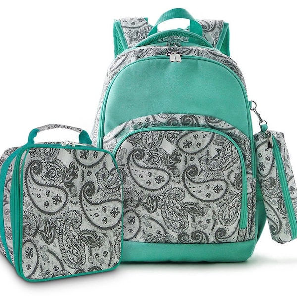 Mint and Gray Paisley Backpack Lunchbox & backpack. Girls Monogram Lunchbox and backpack set, personalized backpack and lunchbox