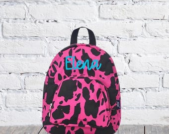 Personalized Embroidered NGIL MINI Neon PInk Cow Print Backpack, Toddler Girl Farm Knapsack, Daycare bag