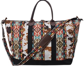Monogrammed Tribal Cowprint Weekender, Embroidered Hospital Luggage, Monogram Cowprint Overnight Bag, Large Weekender, Oversize weekender