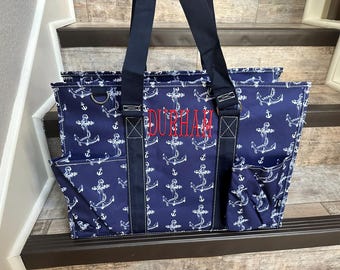 Vintage Anchor Zippered Caddy Large Organizer Tote Bag, Boating tote, Personalized swim Tote, Large Anchor beach Organizer Tote Bag