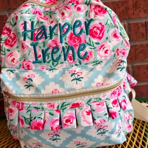 Personalized Embroidered Pink Flower Girls Ruffle Backpack, Toddler Girl Floral Book Bag, Daycare Backpack image 4