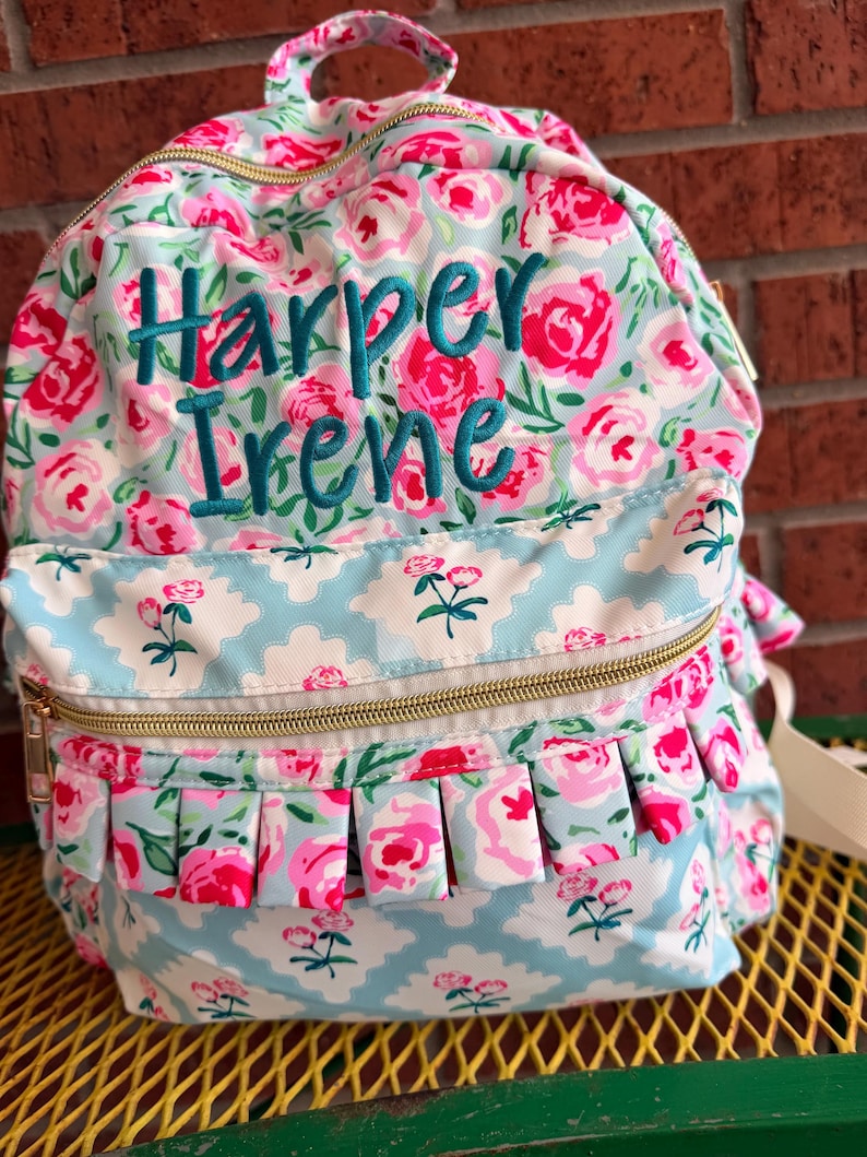 Personalized Embroidered Pink Flower Girls Ruffle Backpack, Toddler Girl Floral Book Bag, Daycare Backpack image 4