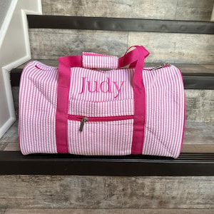 Monogrammed duffel bag, personalized pink seersucker kids overnight bag, kids travel bags, sports sleepover daycare bag, birthday present