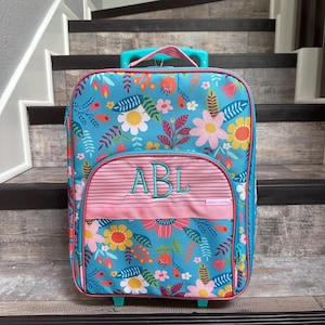 Personalized Stephen Joseph Turquoise All Over Rolling Luggage for Girls, Toddler Travel Bag, Children&#39;s Rolling  floral Luggage