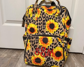 NGIL Sunflower Leopard Diaper Bag Backpack Monogram, Monogram Backpack Diaper bag, Nappy Bag with Monogram, Personalize leopard Diaper Bag