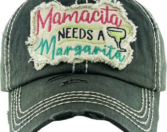 Distressed Black Mamacita Needs a Margarita Cap, Distressed Diamond Blue Mamacita Needs a Margarita hat, Ladies distressed baseball cap