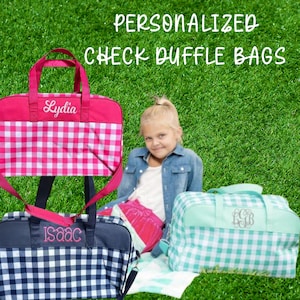 Personalized Embroidered Pink Blue Mint Viv and Lou Check Kids Duffel Overnight Bag