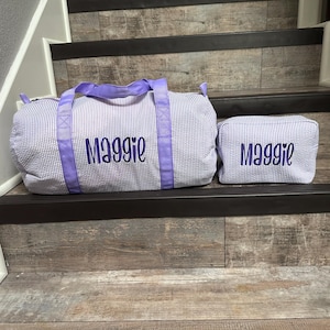 Personalized Embroidered Monogrammed Seersucker duffel bag or case or both, kids overnight bag image 2