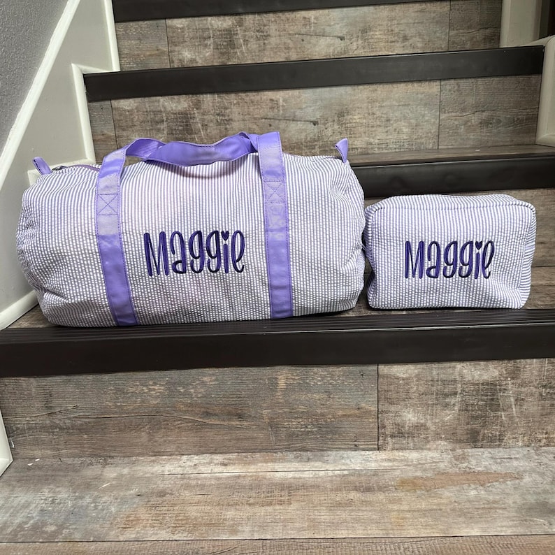 Personalized Embroidered Monogrammed Seersucker duffel bag or case or both, kids overnight bag image 2