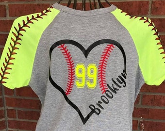 Personalized Softball Heart Shirt, Raglan Softball Heart Shirt, Raglan Softball Mom Shirt, Personalized Softball Shirt, Softball Mama