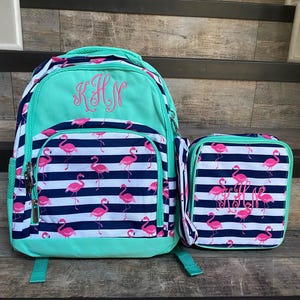 Embroidered Navy Stripe Pink Flamingo Lunchbox & backpack. Girls Monogram Lunchbox and backpack set, personalized backpack and lunchbox