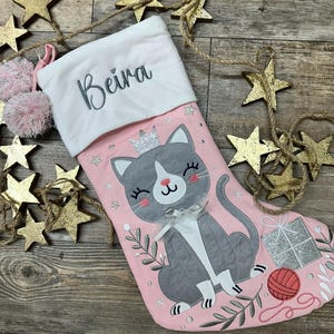 Personalized Stephen Joseph Pink Cat Christmas Stocking, Girls Gray Cat stocking, custom name stocking