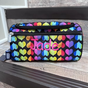 Personalized Wildi Toiletry Bag, mermaid scales, pink glitter, transportation, rainbow hearts, strawberries toiletry bag, cosmetic bag,