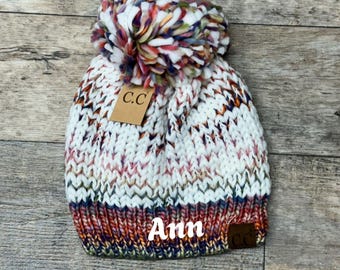 Personalized Embroidered Monogram Adult Fuzzy Lined Multicolored Yarn Pom C.C Beanie HTE0029