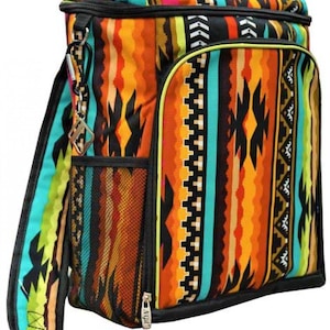 May include: A colorful backpack cooler with a geometric pattern in shades of orange, blue, green, and black. The cooler has a zippered closure and a mesh pocket on the side.