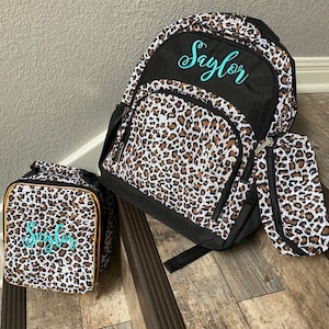 Personalized leopard backpack lunchbox, embroidered backpack, kids backpack lunchbox, girls backpack set, monogrammed backpack lunchbox