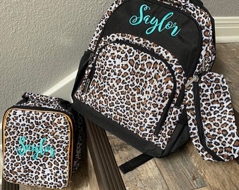 Personalized leopard backpack lunchbox, embroidered backpack, kids backpack lunchbox, girls backpack set, monogrammed backpack lunchbox