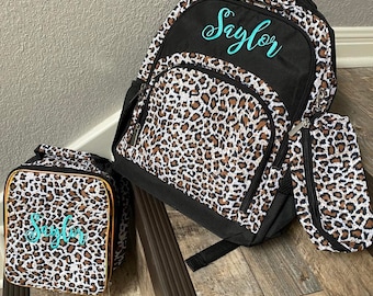 Personalized leopard backpack lunchbox, embroidered backpack, kids backpack lunchbox, girls backpack set, monogrammed backpack lunchbox