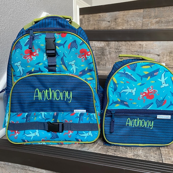 Stephen Joseph Allover Shark backpack lunchbox, embroidered backpack, kids personalize shark backpack lunchbox, monogram backpack lunchbox