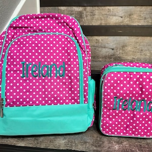 Embroidered Pink Dot backpack lunchbox set, Girls Monogram backpack lunchbox set, girls Pink dot personalized backpack and lunchbox