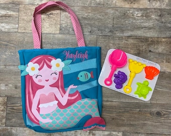 Personalized Beach Tote and Toys, mermaid beach tote, embroidered beach tote, boys beach tote, personalize kids gift, sea shell bag
