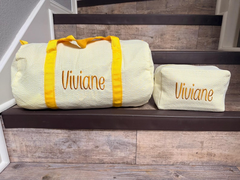 Personalized Embroidered Monogrammed Seersucker duffel bag or case or both, kids overnight bag image 6