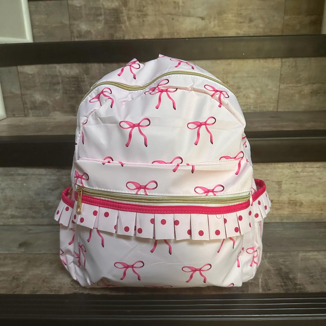 Personalized Bow Print Girls Ruffle Backpack, Monogram Floral Backpack ...