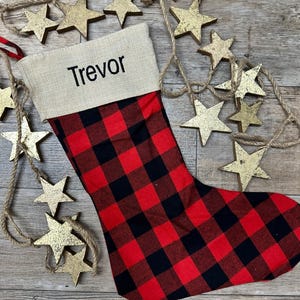 Personalized Embroidered Red Black Beige Buffalo Plaid Christmas Stocking