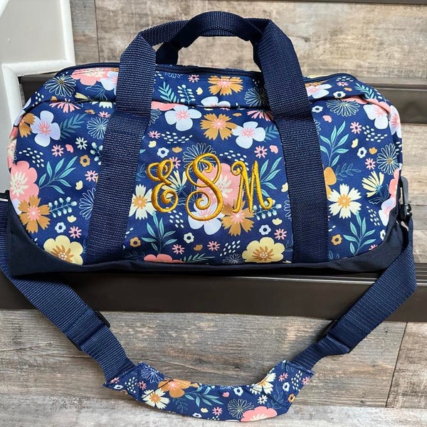Wildkin Wildflower Bloom Overnighter Duffel Bag, Personalized floral Duffle bag, girl blue floral Duffle, girls floral overnighter
