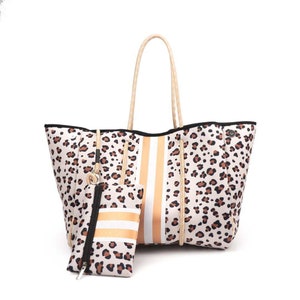 Leopard  and gold Neoprene Beach Bag with small zipper purse, Personalize Neoprene leopard Beach Bag, Neoprene beach  bag, mothers day gift