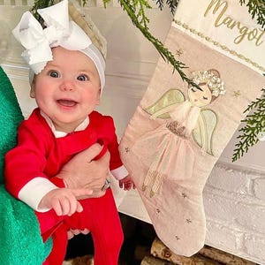 Gold and Pink Anna Angel Christmas Stocking, First Christmas Stocking, Embroider Christmas Stocking, Personalize Girl Christmas Stocking