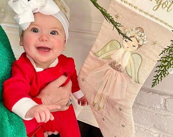 Personalized Embroidered Gold and Pink Anna Angel First Christmas Stocking