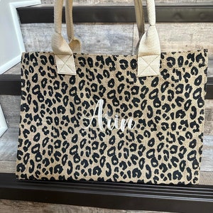 mothers day gift, Women's Personalized Leopard tote, Cheetah print burlap tote, christmas gift for her, bridesmaid gift, wedding gift, tote image 2