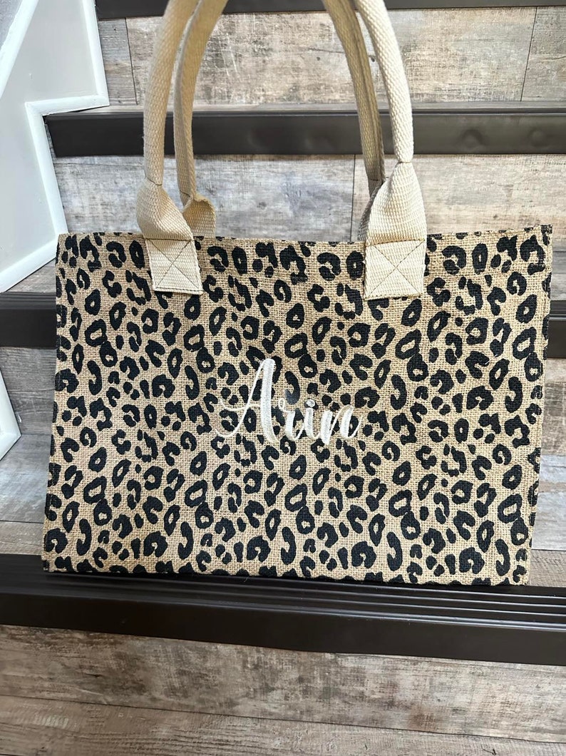 mothers day gift, Women's Personalized Leopard tote, Cheetah print burlap tote, christmas gift for her, bridesmaid gift, wedding gift, tote image 2