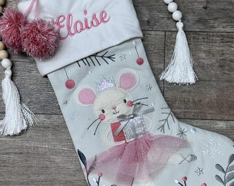 Personalized Stephen Joseph Girls Ballerina mouse christmas stocking, Embroidered First Christmas stocking, custom name stocking