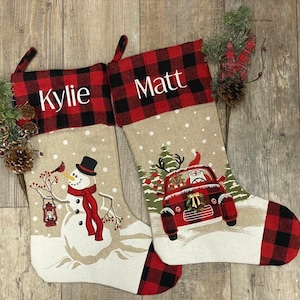 Embroidered Christmas Stockings, barn stocking, plaid stocking, snowman stocking, farm stocking, reindeer santa plaid car stocking