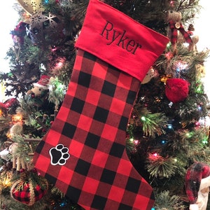 Embroidered Buffalo Plaid Dog Paw Christmas Stockings, Personalized Dog Christmas Stockings