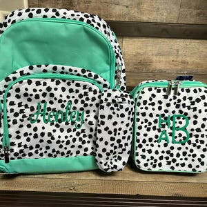 Embroidered Mint Black Dot backpack lunchbox set, Girls Monogram backpack lunchbox set, girls black dot personalized backpack and lunchbox